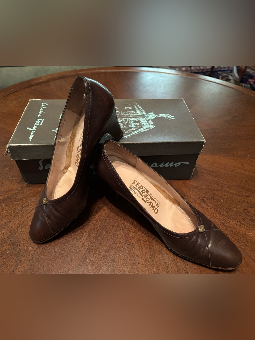 Salvatore Ferragamo Dark Brown Leather Mid-Heel Pumps - Vintage 70s